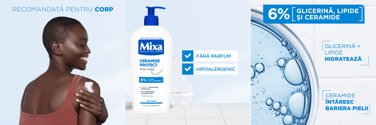 Lotiune de corp cu 6% Glicerina, Lipide si Ceramide pentru piele uscata, Ceramide Protect, 400 ml, Mixa